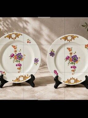 2 VTG EPIAG Czechoslovakia Porcelain Floral Gold Scroll Pattern Dinner Plates